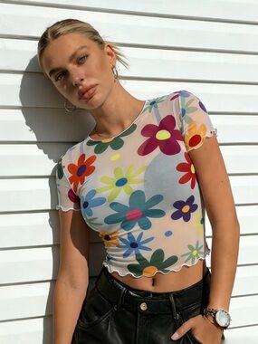 Floral Sheer Mesh Short Sleeve Crewneck Sheer Top T-shirt; Hippie Floral Top